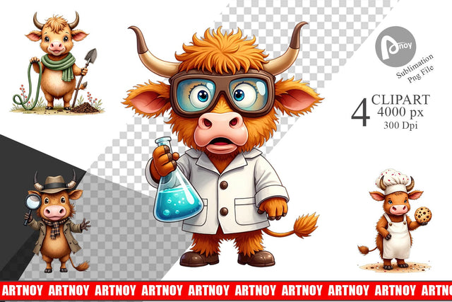 Clipart UglyCute Highland Cow Occupations Quirky Jobs & Hobbies Sublimation artnoy 