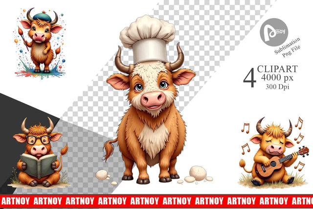 Clipart UglyCute Highland Cow Occupations Quirky Jobs & Hobbies Sublimation artnoy 