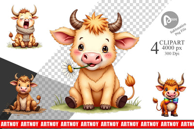 Clipart UglyCute Highland Cow Watercolor Quirky Farm Friends Sublimation artnoy 