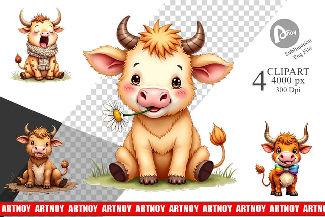Clipart UglyCute Highland Cow Watercolor Quirky Farm Friends Sublimation artnoy 