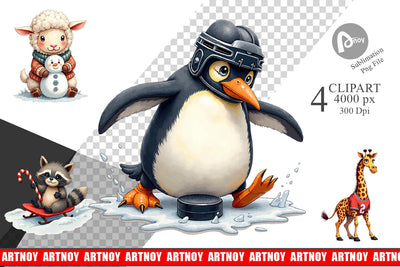 Clipart UglyCute Winter Sports Animals Watercolor Sublimation artnoy 