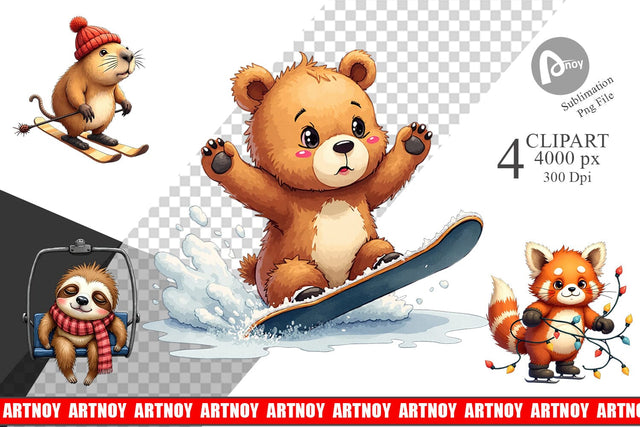 Clipart UglyCute Winter Sports Animals Watercolor Sublimation artnoy 