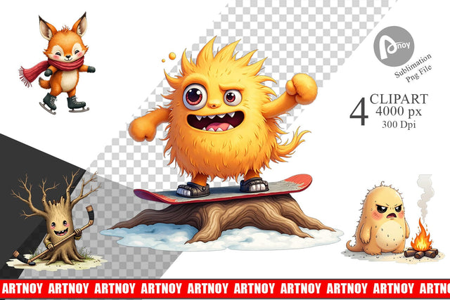 Clipart UglyCute Woodland Monsters Winter Sports Sublimation artnoy 