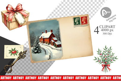 Clipart Victorian Christmas Post & Parcel Watercolor Sublimation artnoy 