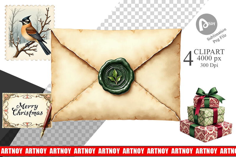 Clipart Victorian Christmas Post & Parcel Watercolor Sublimation artnoy 