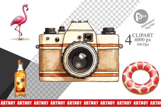 Clipart Vintage 70s Poolside Summer Watercolor Sublimation artnoy 