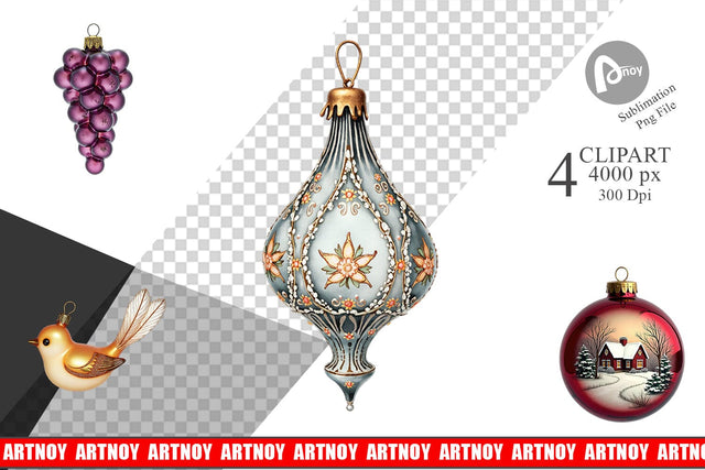 Clipart Vintage Glass Christmas Ornaments Watercolor Sublimation artnoy 