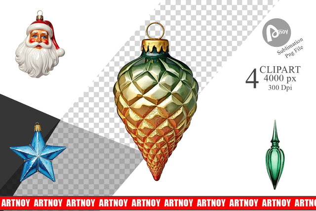 Clipart Vintage Glass Christmas Ornaments Watercolor Sublimation artnoy 