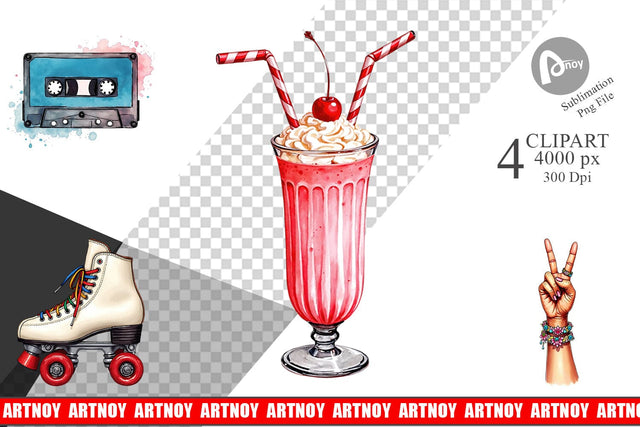 Clipart Vintage Roller Disco Summer Watercolor Sublimation artnoy 