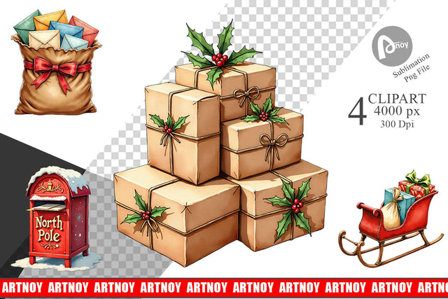 Clipart Vintage Santa's Mailbag Watercolor Sublimation artnoy 