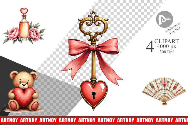 Clipart Vintage Valentine Ephemera Watercolor Sublimation artnoy 