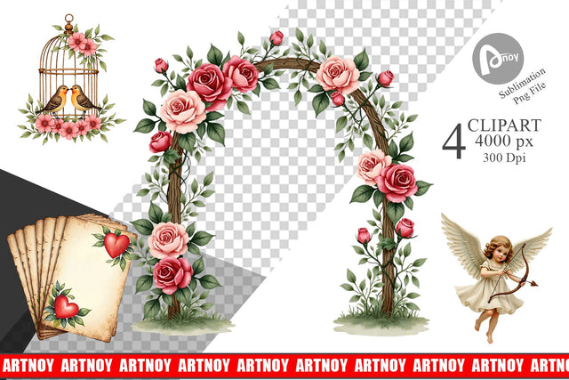 Clipart Vintage Valentine Ephemera Watercolor Sublimation artnoy 