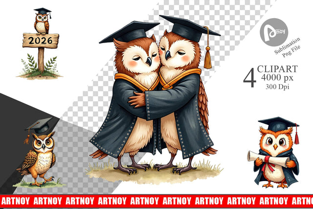 Clipart Vintage Watercolor Graduation Owls Sublimation artnoy 