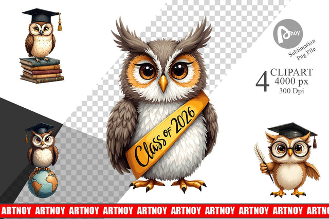 Clipart Vintage Watercolor Graduation Owls Sublimation artnoy 