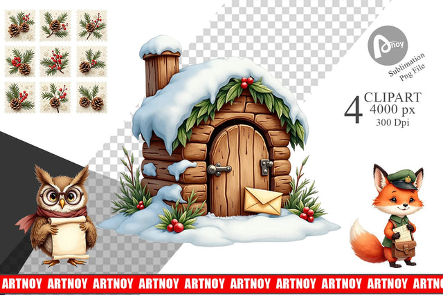 Clipart Vintage Woodland Christmas Post Office Watercolor Sublimation artnoy 