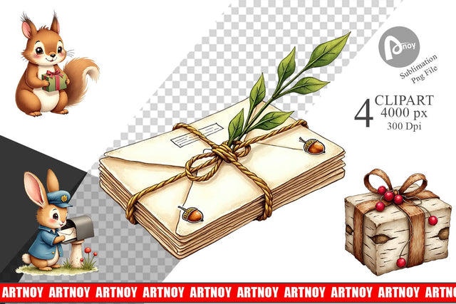 Clipart Vintage Woodland Christmas Post Office Watercolor Sublimation artnoy 
