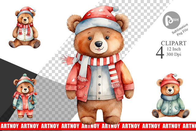 Clipart Watercolor Christmas Bear Sublimation artnoy 
