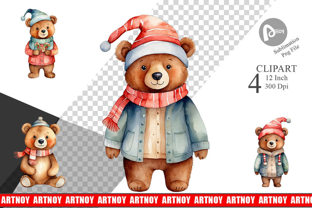 Clipart Watercolor Christmas Bear Sublimation artnoy 