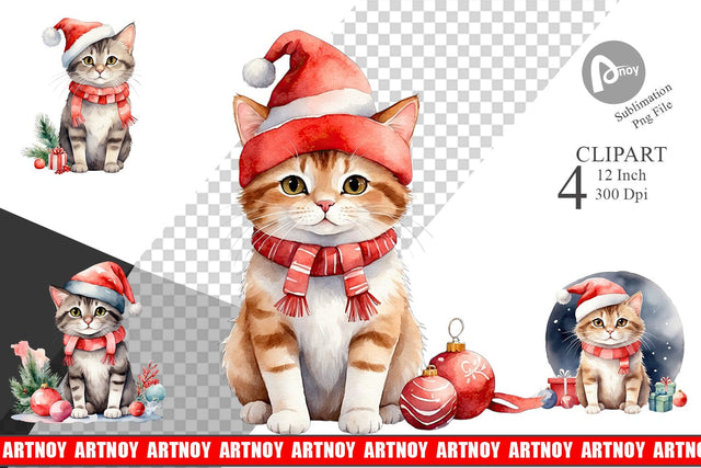 Clipart Watercolor Christmas Cat Sublimation artnoy 