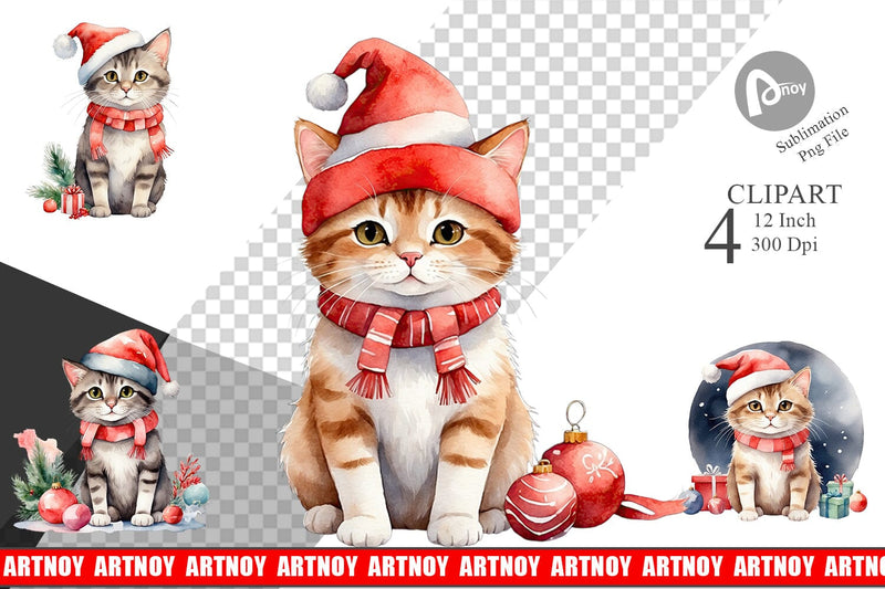 Clipart Watercolor Christmas Cat Sublimation artnoy 