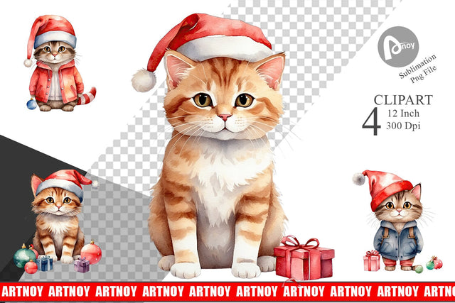 Clipart Watercolor Christmas Cat Sublimation artnoy 