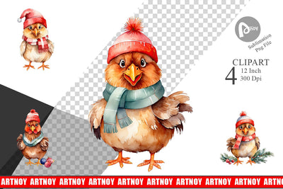 Clipart Watercolor Christmas Chicken Sublimation artnoy 