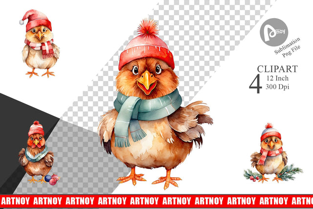 Clipart Watercolor Christmas Chicken Sublimation artnoy 