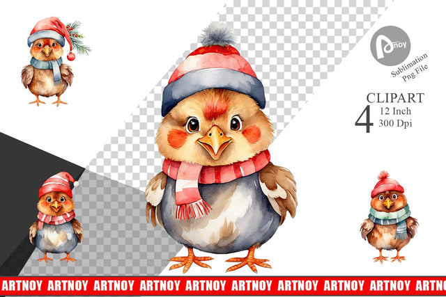 Clipart Watercolor Christmas Chicken Sublimation artnoy 
