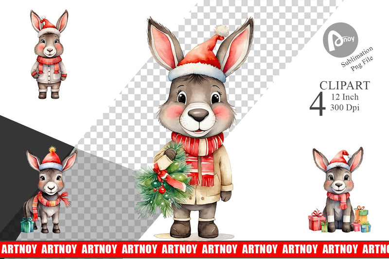 Clipart Watercolor Christmas Donkey Sublimation artnoy 