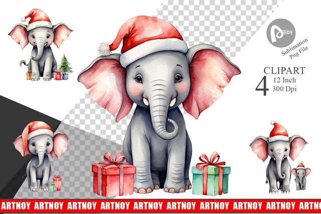 Clipart Watercolor Christmas Elephant Sublimation artnoy 