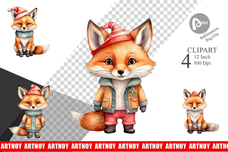 Clipart Watercolor Christmas Fox Sublimation artnoy 