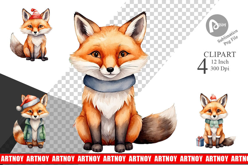 Clipart Watercolor Christmas Fox Sublimation artnoy 