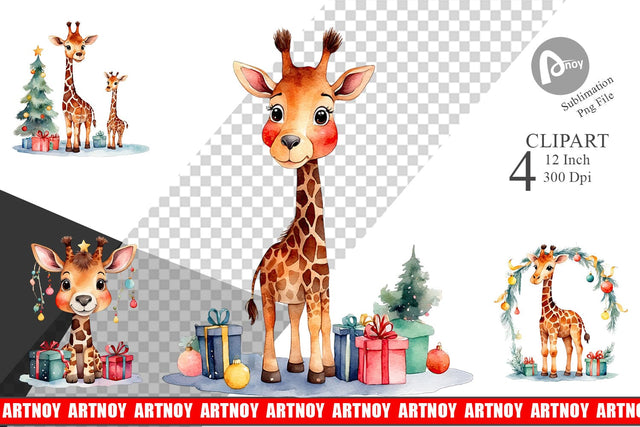 Clipart Watercolor Christmas Giraffe Sublimation artnoy 