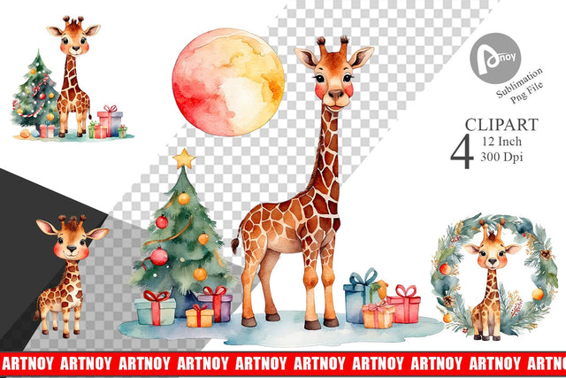 Clipart Watercolor Christmas Giraffe Sublimation artnoy 