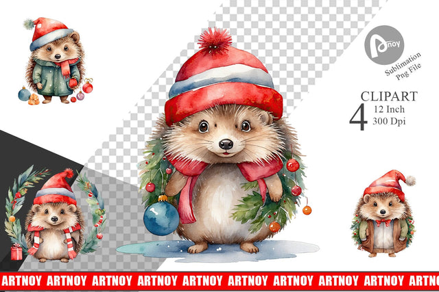 Clipart Watercolor Christmas Hedgehog Sublimation artnoy 