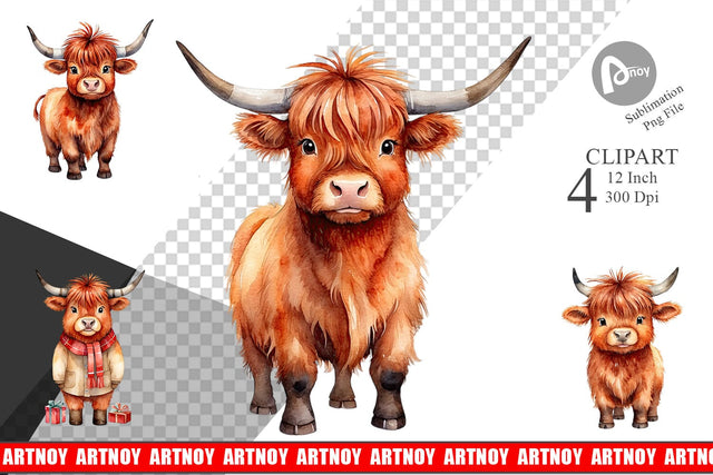 Clipart Watercolor Christmas Highland Cow Sublimation artnoy 