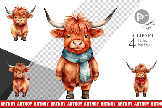 Clipart Watercolor Christmas Highland Cow Sublimation artnoy 