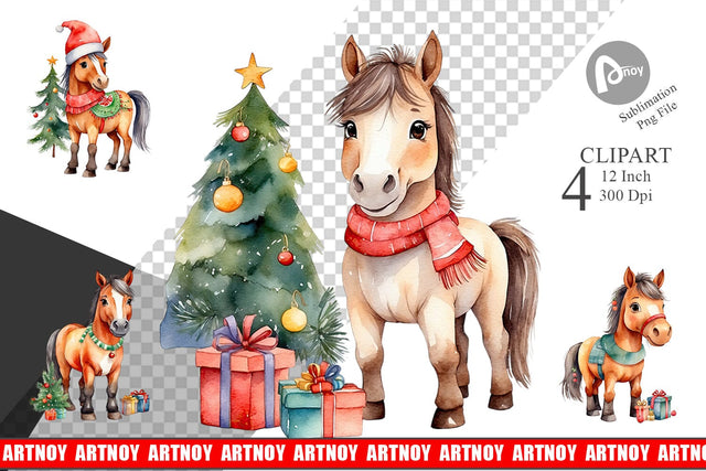 Clipart Watercolor Christmas Horse Sublimation artnoy 