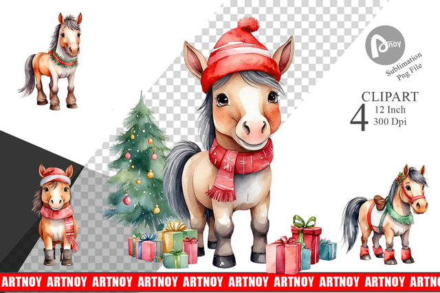 Clipart Watercolor Christmas Horse Sublimation artnoy 