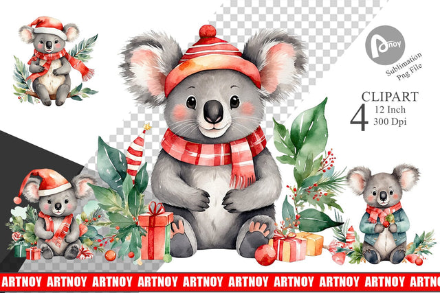 Clipart Watercolor Christmas Koala Sublimation artnoy 