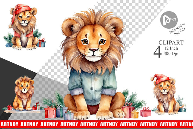 Clipart Watercolor Christmas Lion Sublimation artnoy 