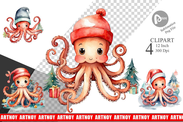 Clipart Watercolor Christmas Octopus Sublimation artnoy 