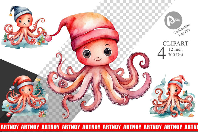 Clipart Watercolor Christmas Octopus Sublimation artnoy 