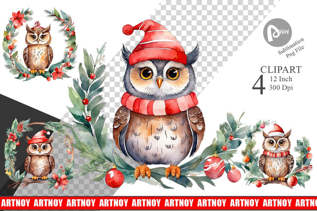 Clipart Watercolor Christmas Owl Sublimation artnoy 