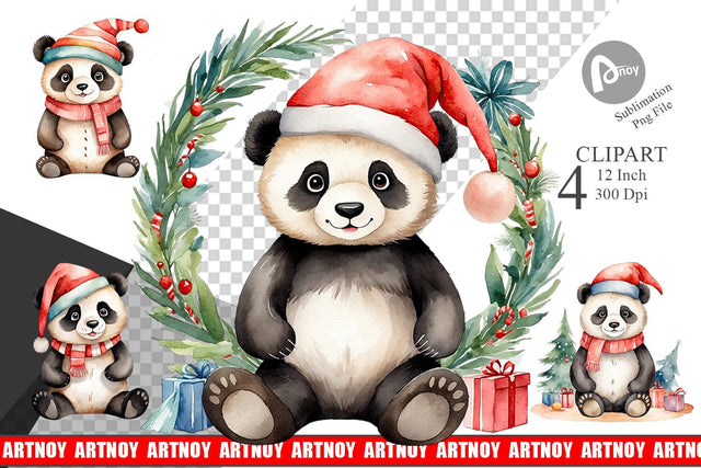 Clipart Watercolor Christmas Panda Sublimation artnoy 