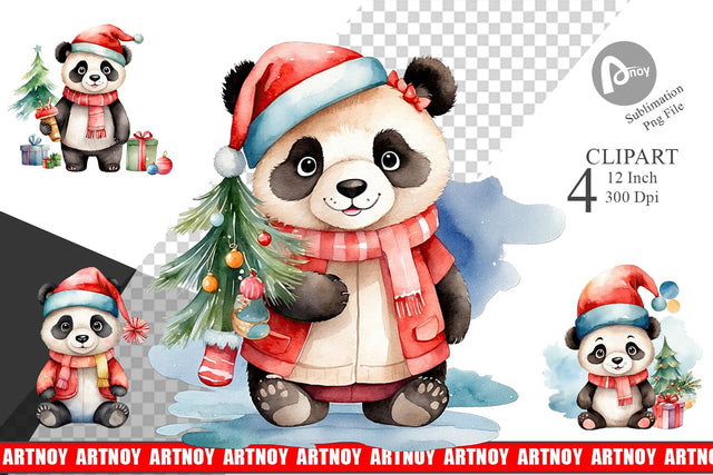 Clipart Watercolor Christmas Panda Sublimation artnoy 