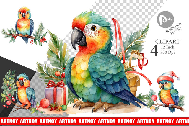Clipart Watercolor Christmas Parrot Sublimation artnoy 
