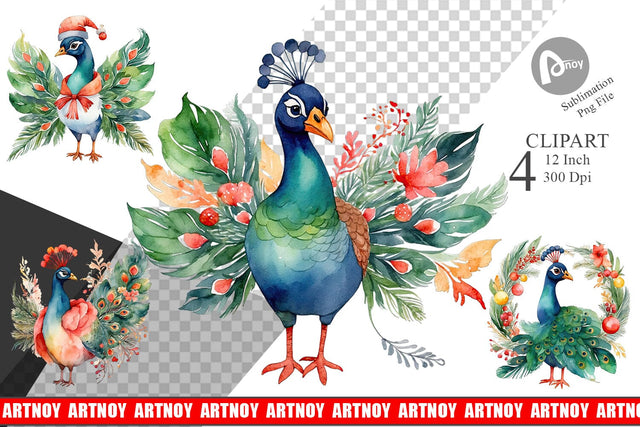 Clipart Watercolor Christmas Peacock Sublimation artnoy 