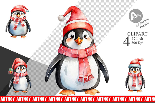 Clipart Watercolor Christmas Penguin Sublimation artnoy 