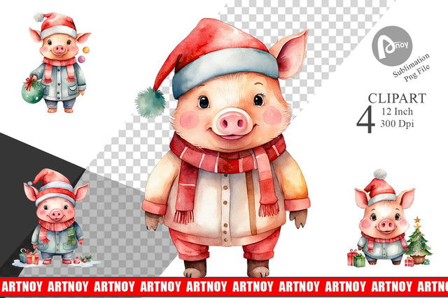 Clipart Watercolor Christmas Pig Sublimation artnoy 